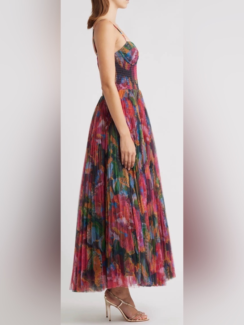 NEW HUTCH Brianna pleaded midi Gown Teal Hibiscus Sz L - Picture 3 of 9